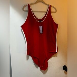 Sporty body suit red with white piping. New with tags